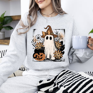 Pink Neon Ghost Witch Bow Pumpkin Floral Coquette Retro Halloween Graphic Sweatshirt — view 1