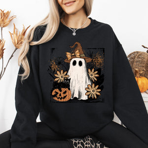 Pink Neon Ghost Witch Bow Pumpkin Floral Coquette Retro Halloween Graphic Sweatshirt — view 8