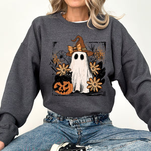 Pink Neon Ghost Witch Bow Pumpkin Floral Coquette Retro Halloween Graphic Sweatshirt — view 3