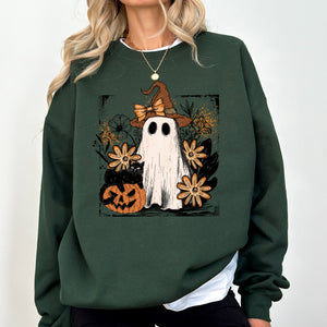Pink Neon Ghost Witch Bow Pumpkin Floral Coquette Retro Halloween Graphic Sweatshirt — view 6