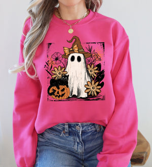 Pink Neon Ghost Witch Bow Pumpkin Floral Coquette Retro Halloween Graphic Sweatshirt — view 5