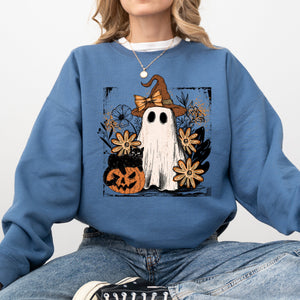 Pink Neon Ghost Witch Bow Pumpkin Floral Coquette Retro Halloween Graphic Sweatshirt — view 4