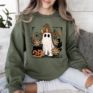 Pink Neon Ghost Witch Bow Pumpkin Floral Coquette Retro Halloween Graphic Sweatshirt — view 2