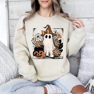 Pink Neon Ghost Witch Bow Pumpkin Floral Coquette Retro Halloween Graphic Sweatshirt — view 7