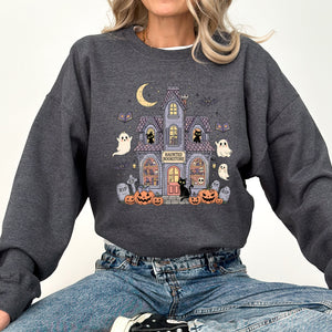 Haunted Book Store Ghost Halloween Vintage Pumpkin Retro Spooky Graphic Sweatshirt — view 4