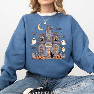 Haunted Book Store Ghost Halloween Vintage Pumpkin Retro Spooky Graphic Sweatshirt — view 1