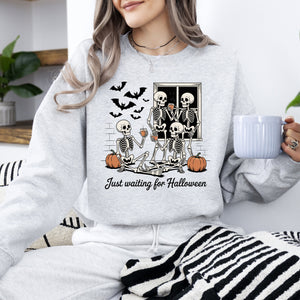 Just Waiting for Halloween Skeleton Ghost Vintage Retro Spooky Costume Fall Graphic Sweatshirt — view 1