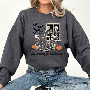 Just Waiting for Halloween Skeleton Ghost Vintage Retro Spooky Costume Fall Graphic Sweatshirt — view 4
