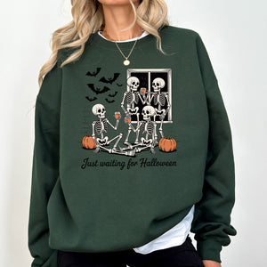 Just Waiting for Halloween Skeleton Ghost Vintage Retro Spooky Costume Fall Graphic Sweatshirt — view 7