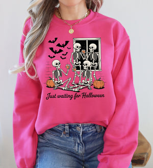 Just Waiting for Halloween Skeleton Ghost Vintage Retro Spooky Costume Fall Graphic Sweatshirt — view 6