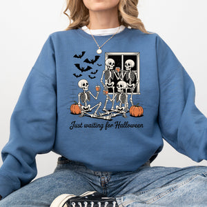 Just Waiting for Halloween Skeleton Ghost Vintage Retro Spooky Costume Fall Graphic Sweatshirt — view 5