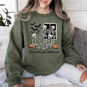 Just Waiting for Halloween Skeleton Ghost Vintage Retro Spooky Costume Fall Graphic Sweatshirt — view 2