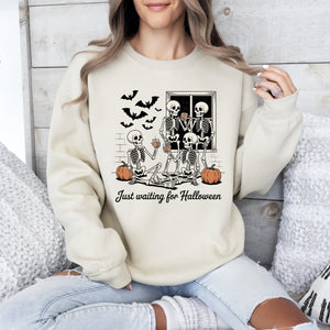 Just Waiting for Halloween Skeleton Ghost Vintage Retro Spooky Costume Fall Graphic Sweatshirt — view 3
