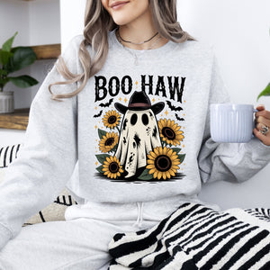 Boo Haw, Cowboy Ghost Halloween Western Sunflowers Vintage Pumpkin Retro Spooky Graphic Sweatshirt — view 2