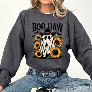 Boo Haw, Cowboy Ghost Halloween Western Sunflowers Vintage Pumpkin Retro Spooky Graphic Sweatshirt — view 5