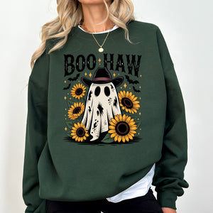 Boo Haw, Cowboy Ghost Halloween Western Sunflowers Vintage Pumpkin Retro Spooky Graphic Sweatshirt — view 7