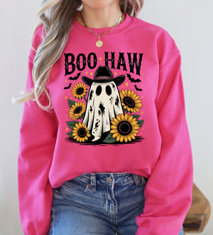 Boo Haw, Cowboy Ghost Halloween Western Sunflowers Vintage Pumpkin Retro Spooky Graphic Sweatshirt — view 6
