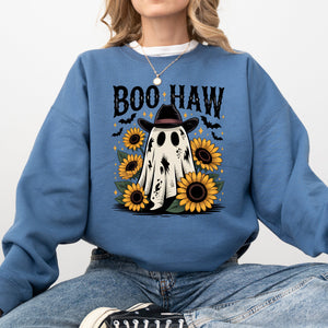 Boo Haw, Cowboy Ghost Halloween Western Sunflowers Vintage Pumpkin Retro Spooky Graphic Sweatshirt — view 4