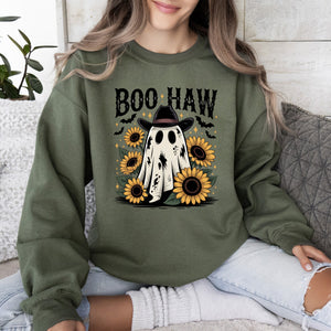 Boo Haw, Cowboy Ghost Halloween Western Sunflowers Vintage Pumpkin Retro Spooky Graphic Sweatshirt — view 3