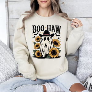 Boo Haw, Cowboy Ghost Halloween Western Sunflowers Vintage Pumpkin Retro Spooky Graphic Sweatshirt — view 1