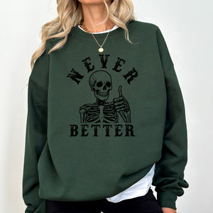 Never Better Cowboy Ghost Halloween Western Vintage Pumpkin Skeleton Retro Fall Graphic Sweatshirt — view 7