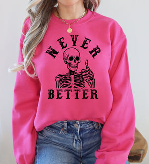 Never Better Cowboy Ghost Halloween Western Vintage Pumpkin Skeleton Retro Fall Graphic Sweatshirt — view 2