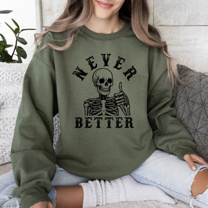 Never Better Cowboy Ghost Halloween Western Vintage Pumpkin Skeleton Retro Fall Graphic Sweatshirt — view 4