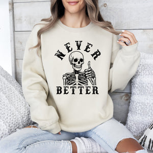 Never Better Cowboy Ghost Halloween Western Vintage Pumpkin Skeleton Retro Fall Graphic Sweatshirt — view 3