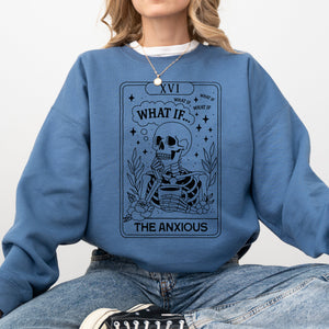 What If The Anxious Skeleton Ghost Western Vintage Pumpkin Halloween Tarot Card Graphic Sweatshirt — view 4