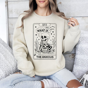 What If The Anxious Skeleton Ghost Western Vintage Pumpkin Halloween Tarot Card Graphic Sweatshirt — view 3