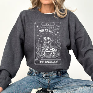 What If The Anxious Skeleton Ghost Western Vintage Pumpkin Halloween Tarot Card Graphic Sweatshirt — view 7