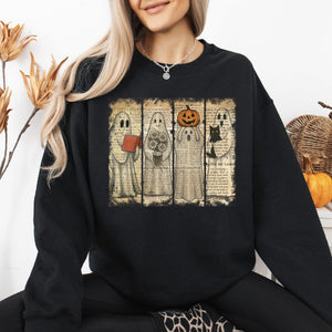 Vintage Newspaper Ghost Halloween Book Cat Western Pumpkin Retro Spooky Costume Fall Graphic Sweatshirt — view 7