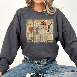 Vintage Newspaper Ghost Halloween Book Cat Western Pumpkin Retro Spooky Costume Fall Graphic Sweatshirt — view 3