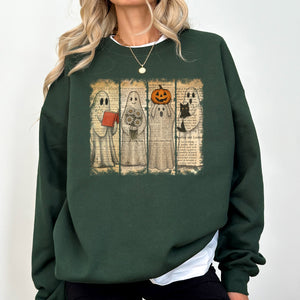 Vintage Newspaper Ghost Halloween Book Cat Western Pumpkin Retro Spooky Costume Fall Graphic Sweatshirt — view 4