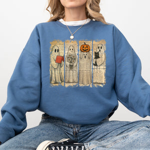 Vintage Newspaper Ghost Halloween Book Cat Western Pumpkin Retro Spooky Costume Fall Graphic Sweatshirt — view 2