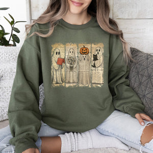 Vintage Newspaper Ghost Halloween Book Cat Western Pumpkin Retro Spooky Costume Fall Graphic Sweatshirt — view 6