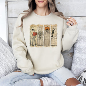 Vintage Newspaper Ghost Halloween Book Cat Western Pumpkin Retro Spooky Costume Fall Graphic Sweatshirt — view 1