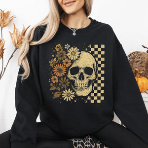 Vintage Skull Floral Checkered Ghost Halloween Book Cat Western Pumpkin Retro Spooky Graphic Sweatshirt — view 1