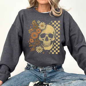 Vintage Skull Floral Checkered Ghost Halloween Book Cat Western Pumpkin Retro Spooky Graphic Sweatshirt — view 2