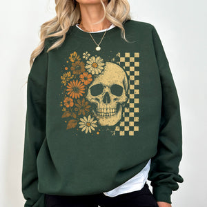 Vintage Skull Floral Checkered Ghost Halloween Book Cat Western Pumpkin Retro Spooky Graphic Sweatshirt — view 3