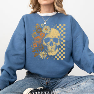 Vintage Skull Floral Checkered Ghost Halloween Book Cat Western Pumpkin Retro Spooky Graphic Sweatshirt — view 4