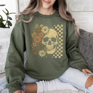 Vintage Skull Floral Checkered Ghost Halloween Book Cat Western Pumpkin Retro Spooky Graphic Sweatshirt — view 5