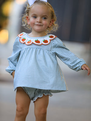 Halloween Thanksgiving Embroidered Pumpkin Girls Bloomer Set — view 1