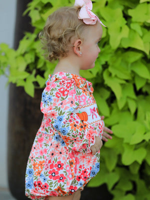 Fall Halloween & Thanksgiving Pumpkin Bow Smock Embroidered Floral Baby Girl Romper — view 3