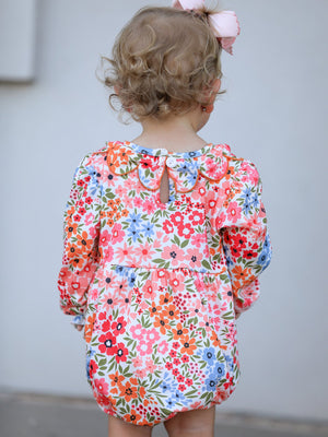 Fall Halloween & Thanksgiving Pumpkin Bow Smock Embroidered Floral Baby Girl Romper — view 4