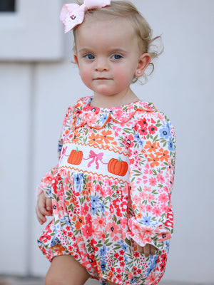 Fall Halloween & Thanksgiving Pumpkin Bow Smock Embroidered Floral Baby Girl Romper — view 5