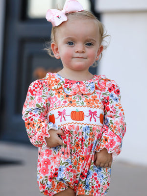 Fall Halloween & Thanksgiving Pumpkin Bow Smock Embroidered Floral Baby Girl Romper — view 1
