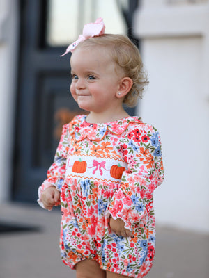 Fall Halloween & Thanksgiving Pumpkin Bow Smock Embroidered Floral Baby Girl Romper — view 2