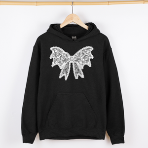 Lace Bow Halloween Goth Boo Faux Lace Ribbon Coquette Shimmering Ghost Graphic Hoodie — view 2