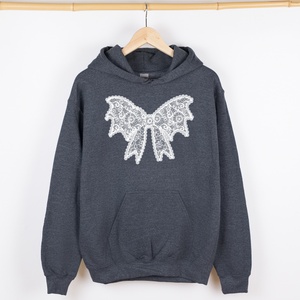 Lace Bow Halloween Goth Boo Faux Lace Ribbon Coquette Shimmering Ghost Graphic Hoodie — view 4